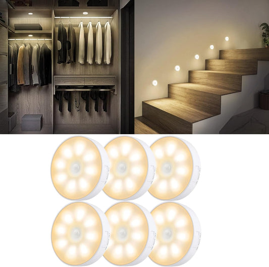 6 Pack Motion Sensor Lights Indoor, Rechargeable Motion Sensor Lights, Dusk to Dawn Sensor, Battery Operated USB Charging, Cordless Closet Lights for Cabinet, Kitchen, Stairs, Hallways