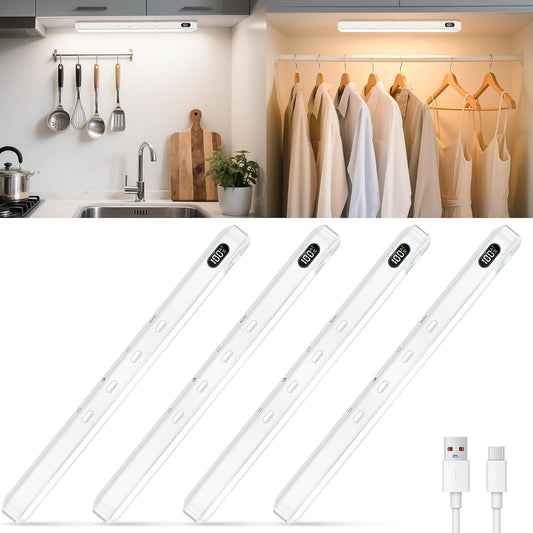 Rechargeable under Cabinet Lighting,Motion Sensor Light Indoor,64 LED Light Bar,3 Colors Temps,Battery Display Wardrobe Lights,Magnetic Stick on Light for Closet,Cupboard,Pantry,Stairs(4 Pack)