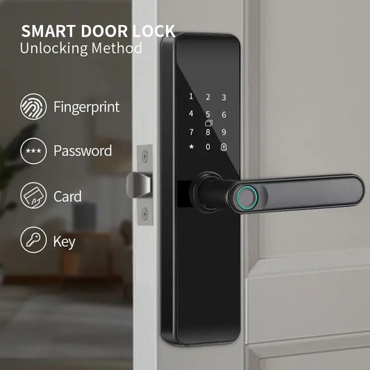 Biometric Security Lock - Door Hardware, Automatic Smart Lock with App Remote Control, Numeric Keypad, IC Card, Virtual PIN, Anti-Peeping Password, Wide-Angle Camera, Easy Install for Homes, Rental Properties